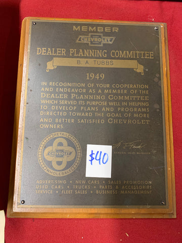 1949 CHEVROLET AWARD PLAQUE