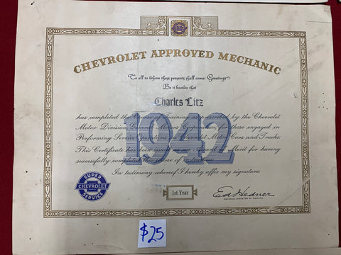 1942 CHEVROLET APPROVED MECHANIC CERTIFICATE
