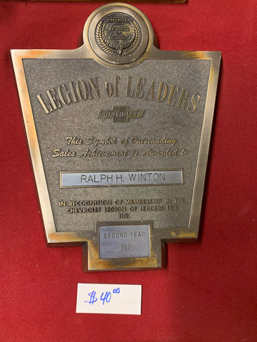1963 CHEVROLET DEALERSHIP AWARD PLAQUE